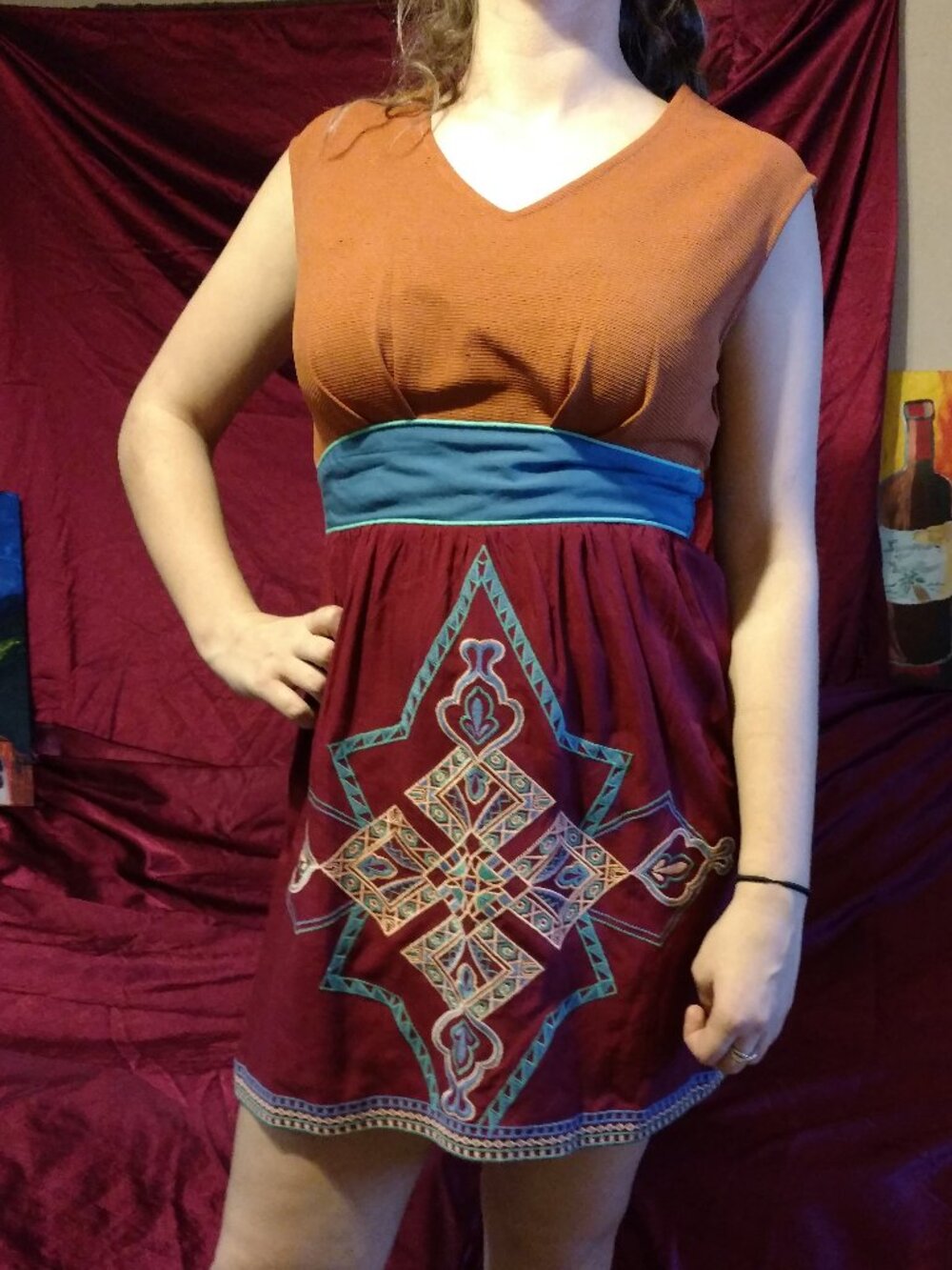Flying Tomato Orange & Burgundy BOHO Mini Dress Medium
